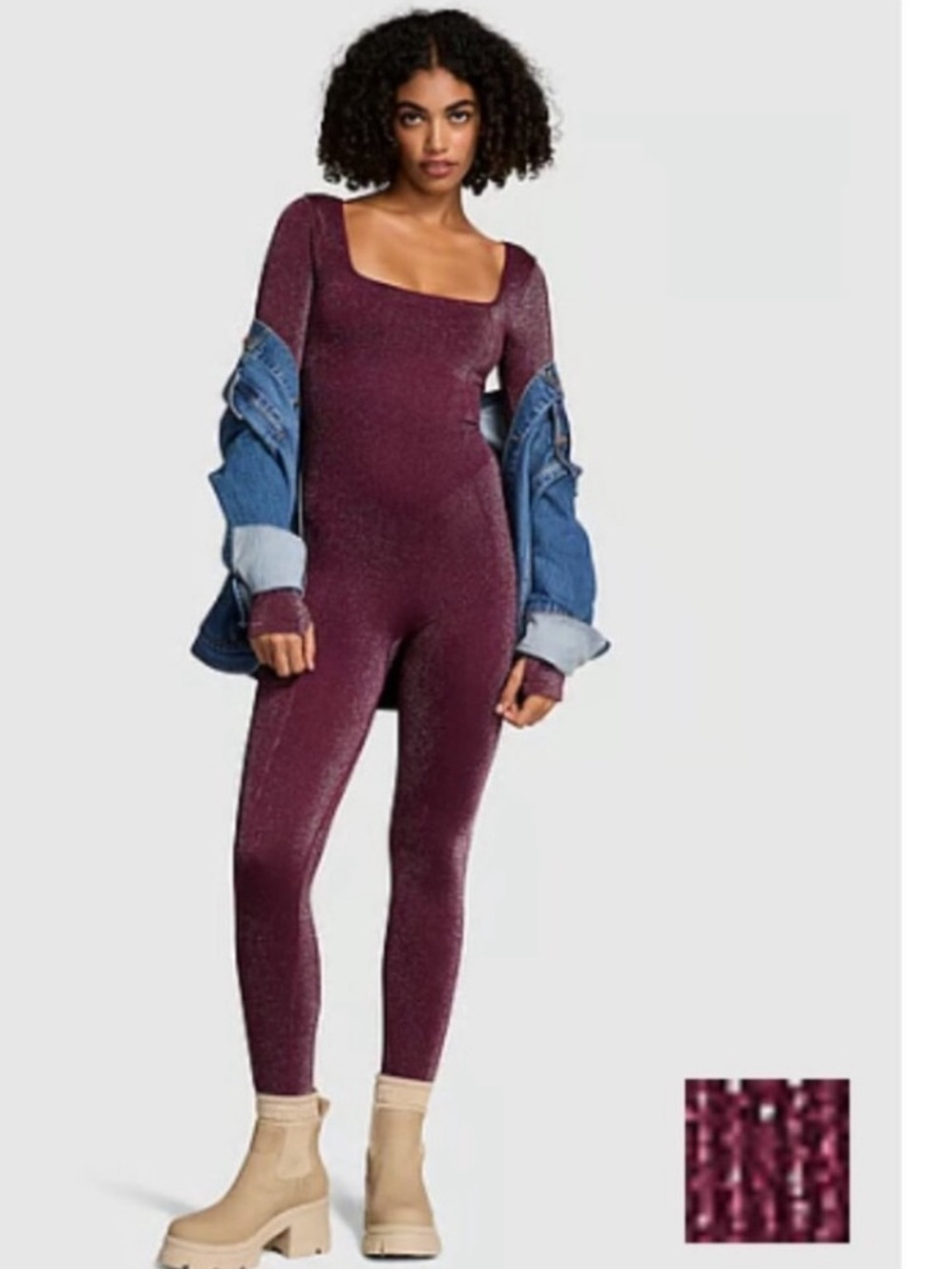PINK Victoria's Secret Shimmer Merlot Square Neck Onesie Jumpsuit NEW XS